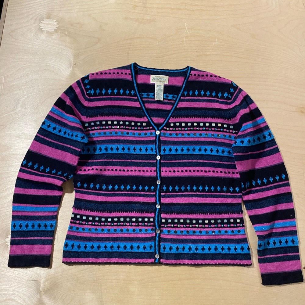St. John's Bay Pink and Blue Patterned Cardigan Medium (QK)